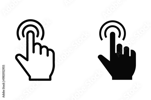 Cursor hand icon pressing a button, simple line art and filled silhouette vector illustration