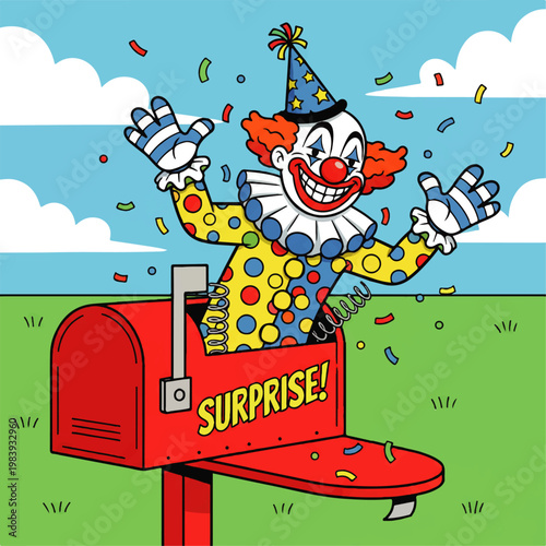 A cheerful clown emerges from a red mailbox with a surprise message on a sunny day with confetti.