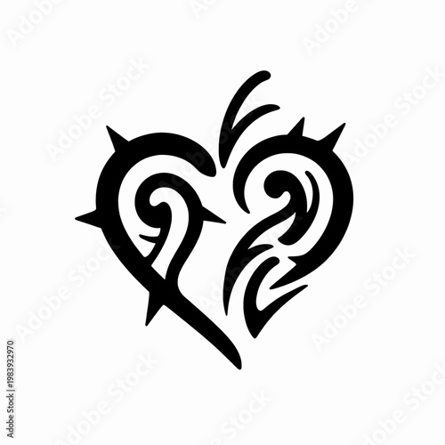 Minimalist Black Tribal Heart Tattoo Design, Symmetrical Sharp Vector Graphic Isolated on White Background for Gothic Romance and Modern Edgy Concepts, Creative Symbolic Illustration.