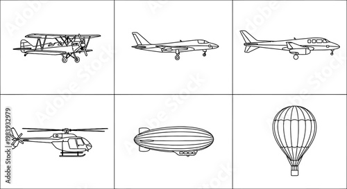 collection of vintage and modern aircraft including biplane jet helicopter blimp and hot air balloon