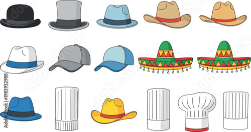 Variety of Hats Collection, Vector Illustrations of Fedoras, Baseball Caps, Sombreros, and Chef Hats in Fun and Colorful Designs
