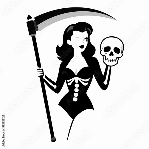 Retro Style Adult White Woman in Skeleton Halloween Costume Holding Scythe and Skull Mask, Vintage Pin-up Illustration of Female Grim Reaper Character Isolated on White Background, Spooky Concept