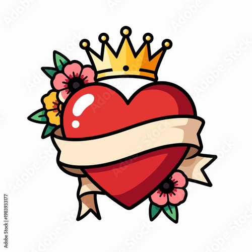 Traditional Old-School Tattoo Graphic of a Red Heart with Ribbon Banner and Golden Crown, Flat Vector Illustration for Mother's Day or Daughter Gift Concept, Isolated on White Background