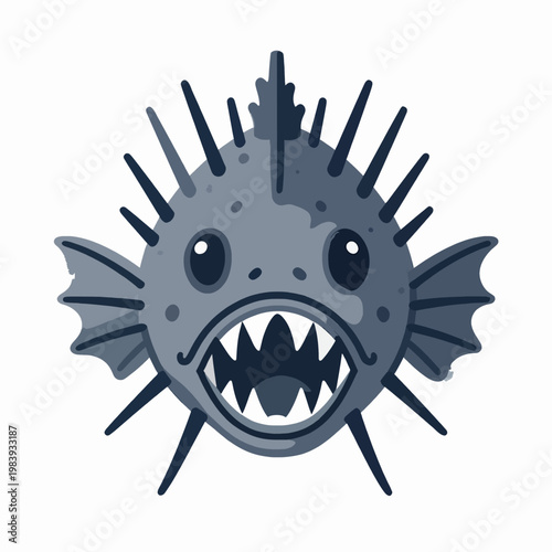 Flat Vector Illustration of a Single Monstrous Deep-Sea Anglerfish with Sharp Teeth and Spiky Fins, Minimalist Dark Grey Predator Fish Icon Isolated on White Background for Aquatic Horror Concept