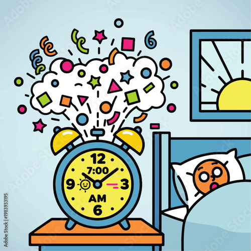 A cartoon illustration of a surprised person waking up to an alarm clock in bed with colorful confetti and a sunny window in the background