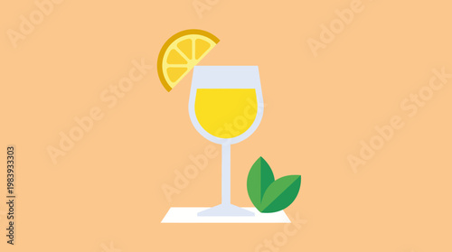 Glass with Lemon and Green Leaves.