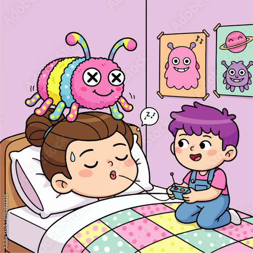 A cartoon illustration of a sick woman in bed with a child and a monster toy