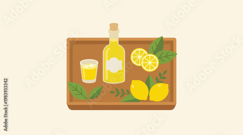 Lemons and lemon juice bottles.Limoncello 