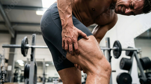 Muscular man grimaces in acute hamstring pain while working out in a well-equipped gym, clutching his leg