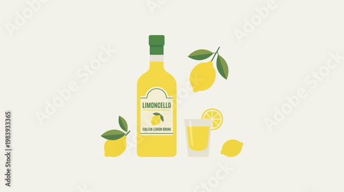 Limoncello liqueur bottle and lemons.