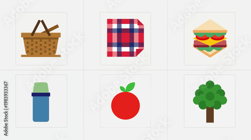 picnic theme set, picnic basket, gingham, sandwich, apple, tree, thermos