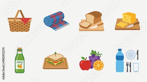 Picnic food and drink items.picnic basket, gingham, bread, cheese, fruit, juice, sandwiches, bottled water