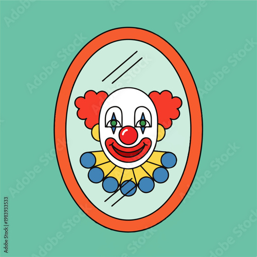 A colorful illustration of a clown's face in a mirror with a teal background