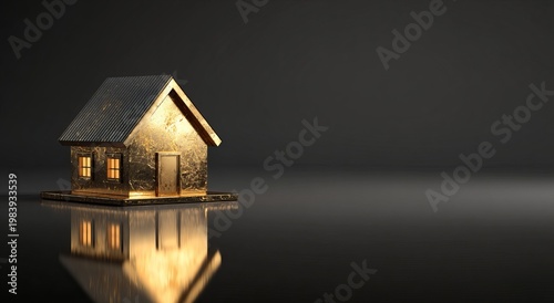 Golden house model on black background with reflection real estate investment luxury property concept 3D render