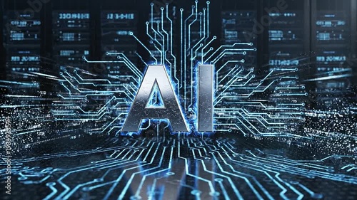 Futuristic ai text logo animation with glowing blue digital effects in a 3d data center