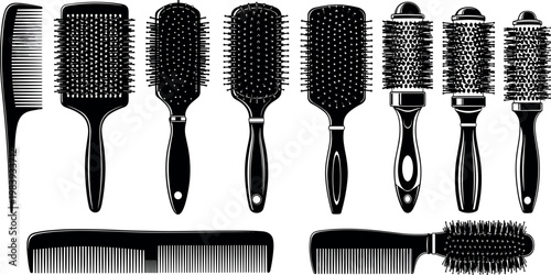 Hairbrush and Comb Set, Vector Illustrations of Different Hair Styling Brushes and Combs for Salon and Personal Use