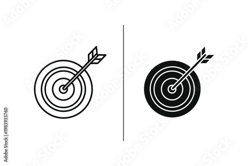 Target with arrow hitting bullseye, silhouette and outline vector illustration