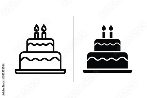 Canvas Print Two-tiered birthday cake with candles, presented in outline and solid silhouette