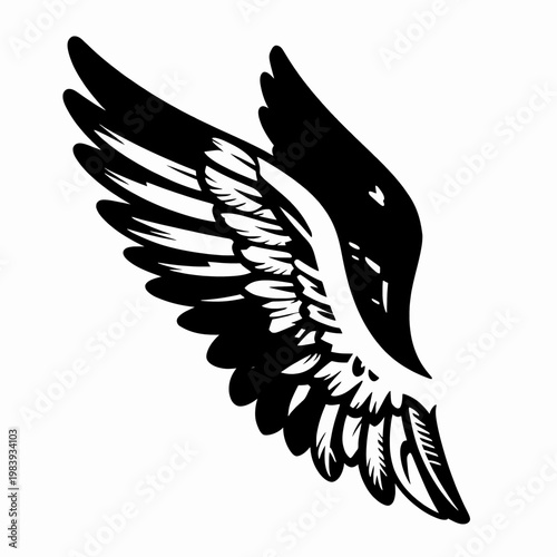 Detailed black and white flat vector illustration of a single majestic angel wing with intricate feathered patterns, spiritual religious concept art isolated on white background for tattoo design