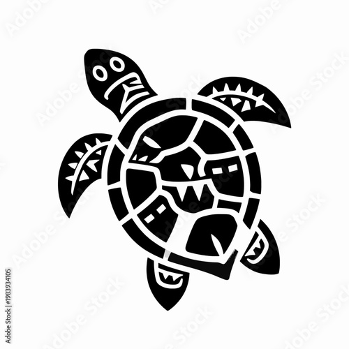 Single flat vector illustration of a Polynesian tribal sea turtle icon with black and white geometric patterns and shark tooth motifs, isolated on white background, Pacific Islander cultural art.