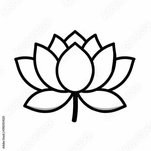 Minimalist black and white flat vector illustration of a single blooming lotus flower isolated on a white background, elegant floral zen concept for yoga and wellness branding and design.