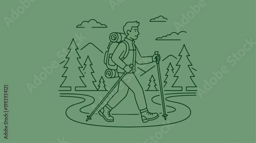 Man Hiking With Trekking Poles.