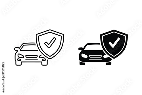 Car insurance security shield with checkmark, flat design vector icons for protection and safety