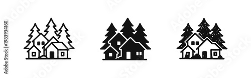 Quadro su tela Forest House Icon Set with Pine Trees in Outline, Solid Glyph, and Hand Drawn Do