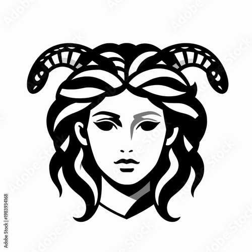 A single Medusa head flat vector illustration, Greek mythology character with snake hair, White woman Gorgon isolated on white background, powerful and stoic expression, ancient legend concept.