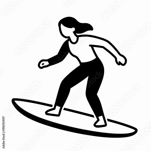 A single young adult White woman surfing on a longboard with long wavy hair, wearing a one-piece swimsuit, smiling and enjoying outdoor summer water sports, minimalist flat vector art style.