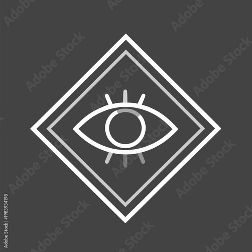 Mystical Third Eye in Geometric Diamond Frame, Minimalist White Line Art Occult Symbol for Spiritual Enlightenment and Intuition, Isolated Flat Vector Graphic on Dark Background.