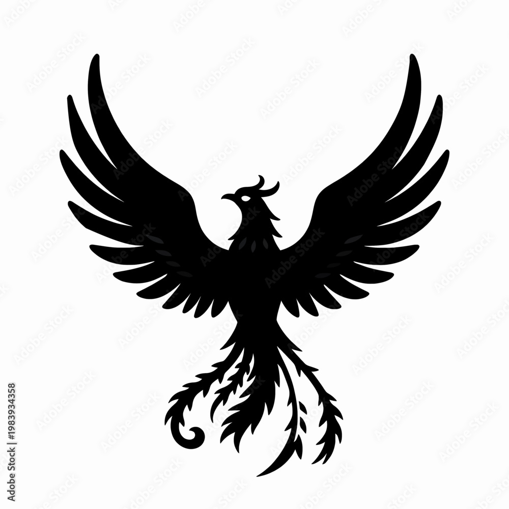 Fototapeta premium Majestic Black Phoenix Silhouette Vector, Minimalist Mythical Firebird Icon Isolated on White, Powerful Rising Bird Graphic for Branding and Tattoo Design Concept