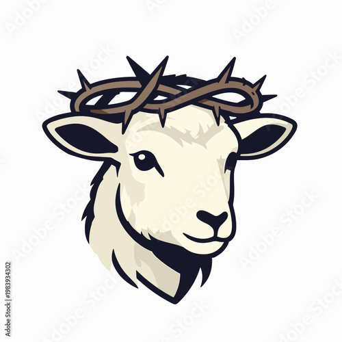 Minimalist Flat Vector Illustration of a White Lamb Wearing a Crown of Thorns, Christian Religious Symbol of the Lamb of God, Sacred Sacrifice Concept Isolated on White Background