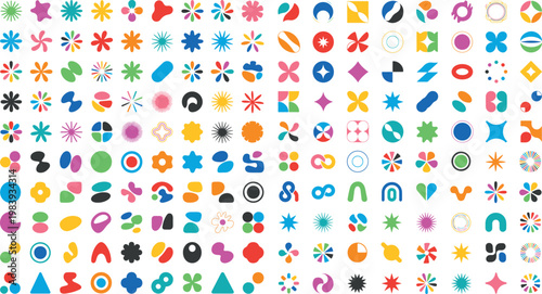 Colorful geometric shapes and floral patterns on white background