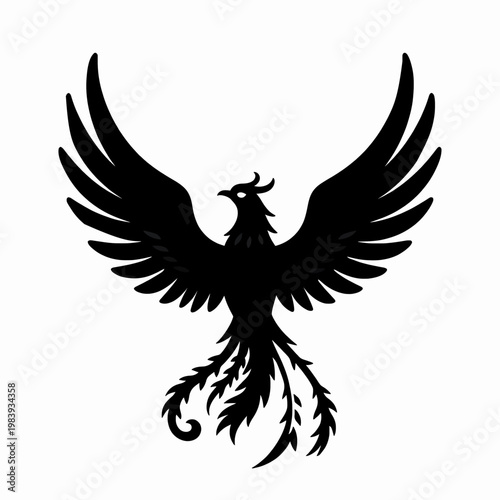 Majestic Black Phoenix Silhouette Vector, Minimalist Mythical Firebird Icon Isolated on White, Powerful Rising Bird Graphic for Branding and Tattoo Design Concept