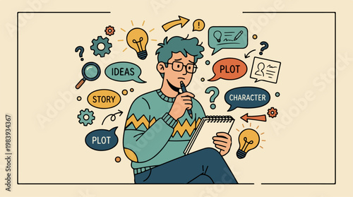 Man Thinking With Ideas Bubbles.