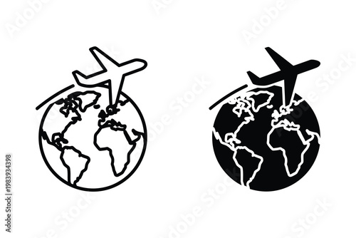 Airplane flying around planet earth globe, travel concept vector illustration