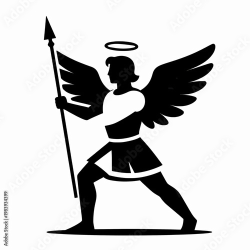 Warrior Archangel Michael Standing Victorious with Celestial Spear, Divine White Male Angel in Roman Armor, Religious Spiritual Concept, Bold Black and White Vector Illustration on White Background