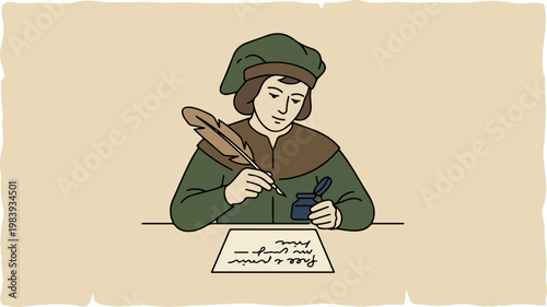 Man writing with feather quill.