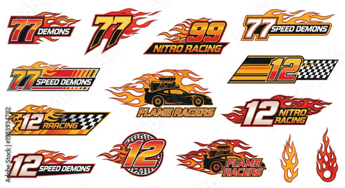 Collection of racing decals with flames and numbers.