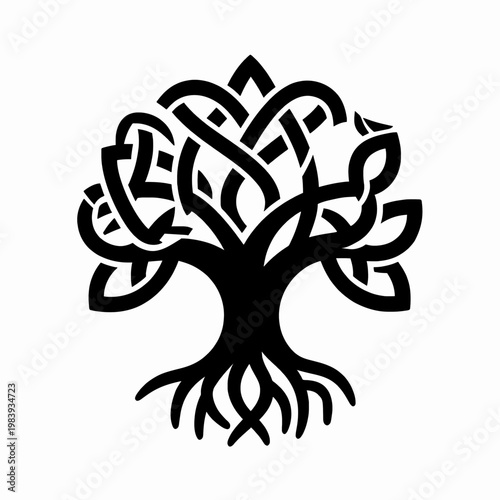 Intricate Celtic knot tree of life symbol in flat vector style, spiritual Yggdrasil icon with black line art and roots, isolated graphic for ancient heritage and nature concept
