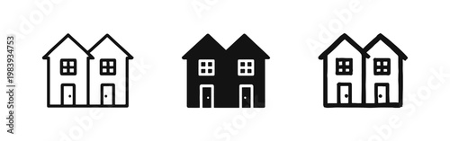 Duplex Semi Detached House Icon Set in Outline, Solid, and Hand Drawn Styles