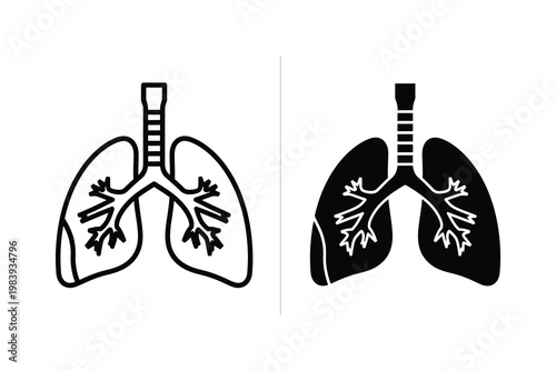 Anatomical vector illustration of human lungs and trachea, presented in outline and solid black styles.