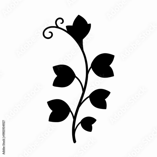 Minimalist Black Silhouette of a Single Winding Organic Vine with Heart-Shaped Leaves and Curling Tendrils, Elegant Flat Vector Floral Element for Decorative Design, Isolated on White Background