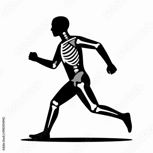 Flat Vector Illustration of a Single Human Skeleton Running, Side Profile View of an Anatomical Male Figure in a Dynamic Sprinting Pose, Concept of Fitness, Anatomy, and Movement, Isolated on White.