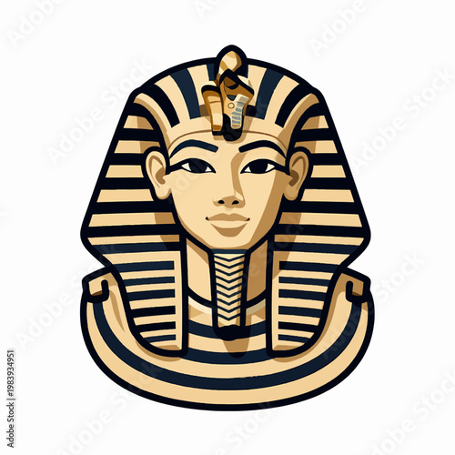Minimalist flat vector illustration of a single ancient Egyptian pharaoh man wearing a striped nemes headdress and beard, royal leader of North African heritage, isolated on white background.