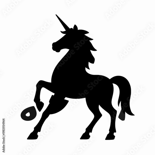 Stallion Black Silhouette of a Rearing Unicorn, Mythical Creature Flat Vector Illustration, Powerful Fantasy Animal Standing on Hind Legs, Minimalist Heraldry Graphic Isolated on White Background