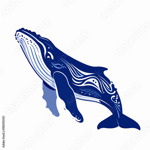 Tribal style flat vector illustration of a single breaching humpback whale with ornate organic patterns, royal blue marine animal silhouette isolated on white background, minimalist sea life concept