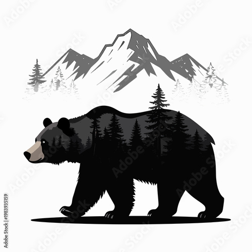 Minimalist Black and White Flat Vector Illustration of a Grizzly Bear Silhouette with Double Exposure Mountain Forest Landscape, Wild Animal Nature Concept Isolated on White Background