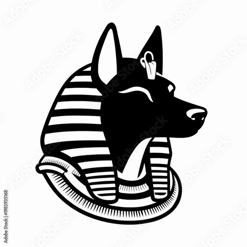 Stoic Anubis Head Flat Vector Illustration, Egyptian God Portrait in Minimalist Black and White Line Art, Ancient Mythology Concept for Graphic Design, Isolated on White Background